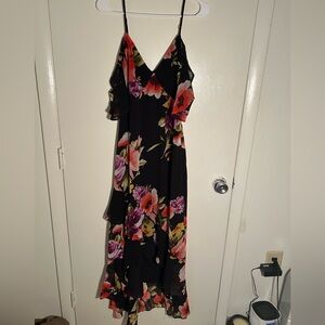 Lulu's Black One-Shoulder Floral Slip Dress with Orange & Purple Blooms